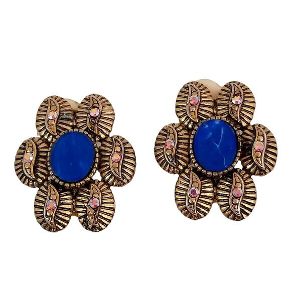 Vintage Blue Sodalite Flower Earrings Aurora Borealis Rhinestone Clip Estate DM - Picture 2 of 10
